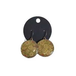 Vintage 90s Green and Yellow Flower Pattern Round Circle Dangle Style Earrings